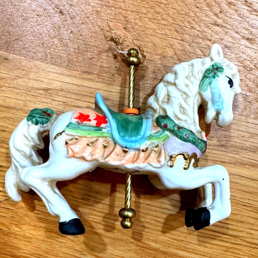 Vintage 1994 Ceramic Carousel Horse Christmas Ornament White Gold Festive Wreath